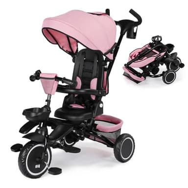 Kinder King Kids Tricycle, 8 in 1 Folding Toddler Trike w/Adjustable Push Handle, Rotatable Seat, Adjustable Canopy, Bell, Five-Point Harness, Storage, Toddler Stroller Bike for Age 6 Months+, Pink