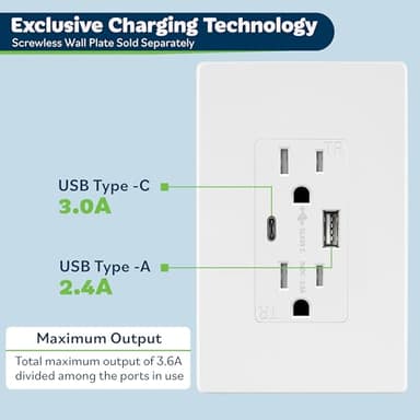 TOPGREENER USB Outlet, Type C & Type A USB Wall Outlet, 15 Amp Tamper Resistant Receptacle Plug, Charging Power Outlet with USB Ports, Wall Plate Included, UL Listed, TU21536AC-W-6PCS, White, 6 Pack - Image 3