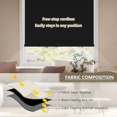 SUNOFF Cordless Blackout Roller Shades Blinds for Windows Free-Stop,Pull Down Room Darkening with Valance,Thermal Insulated Woven Fabric Window Door Blinds for Home,Office,Black 33" W x 72" L - Image 5