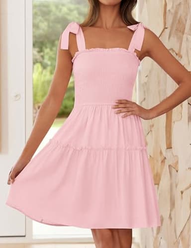 ZESICA Women's 2025 Summer Spaghetti Strap Sleeveless Square Neck Ruffle A Line Swing Mini Dress,Pink,Large - Image 2
