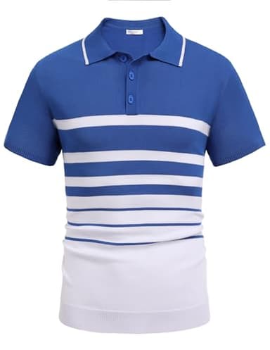 COOFANDY Men's Short Sleeve Polo Shirts Striped Knit Polo Shirt Lightweight Fashion Casual Collared T Shirts, Blue and White, Medium - Image 2