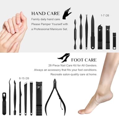 Nail Clippers Set, 26 Piece Manicure Set & Pedicure Kit, Stainless Steel Fingernail & Toenail Clipper Cutters, Professional Nail Care Tools with Luxurious Travel Case for Men and Women, Black - Image 2