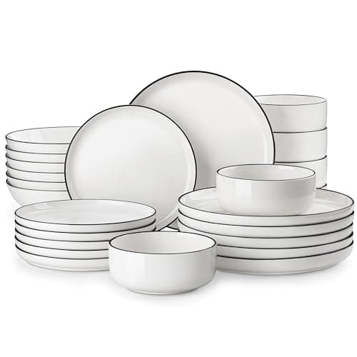 MALACASA Plates and Bowls Sets, 24 Pieces Modern Porcelain Dinnerware Set for 6 Ceramic Dishware Dishes White Kitchen Dinner Dining Ware Set wtih Black Rim Microwave and Dishwasher Safe, Series LUNA - Image 1