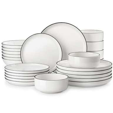 MALACASA Plates and Bowls Sets, 24 Pieces Modern Porcelain Dinnerware Set for 6 Ceramic Dishware Dishes White Kitchen Dinner Dining Ware Set wtih Black Rim Microwave and Dishwasher Safe, Series LUNA - Image 1