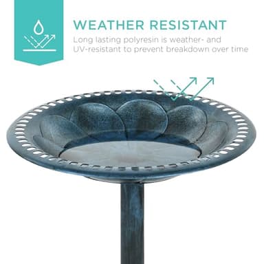 Best Choice Products 28in Pedestal Bird Bath, Vintage Outdoor Resin Accent Decoration w/Fleur-de-Lis Accents - Peacock Blue - Image 3