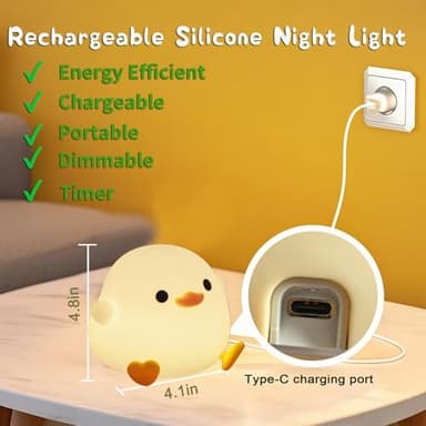 HAPPYBAG Cute Pea Duck Night Light,Duck Lamp,2 Levels Dimmable Silicone Ducky Light,LED Squishy Animal Light for Kids Sleep,Rechargeable Bedside Touch Lamp, Kids Room Decor Gift Toy - Image 6