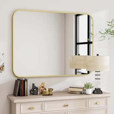 BEAUTYPEAK Gold Rectangular Bathroom Mirror - 30" x 40" Wall Mounted Aluminum Alloy Frame Mirror with Rounded Corners for Bedroom Living Room, Horizontal or Vertical - Image 5