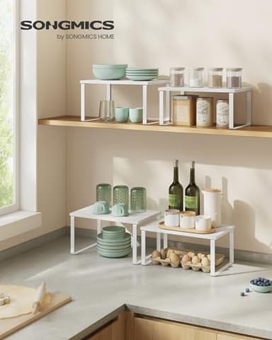 SONGMICS Cabinet Organizer Shelf, Set of 4 Kitchen Counter Shelves, Kitchen Storage, Spice Rack, Stackable, Expandable, Metal and Engineered Wood, Cloud White and Snow White UKCS027W01 - Image 2
