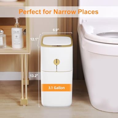 MOPALL Automatic Bathroom Trash Can with Lid, 3.1 Gallon / 13L Smart Motion Sensor Touchless Small Waste Basket, Slim Plastic Garbage Can for Bedroom Kitchen Office Home Toilet, White & Gold - Image 4