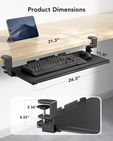 HUANUO Keyboard Tray Under Desk, Pull Out Keyboard Tray with C Clamp Mount, 26.5″ W x 11.8″ D Slide Out Computer Keyboard Drawer Mouse Tray for Typing, Black - Image 4