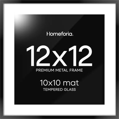 Homeforia Black 12x12 Picture Frames, High End Metal 12 x 12 Square Poster Frame with Mat 10 x 10 Photo, 12x12 Black Frame Matted to 10x10 Print, 12by12 Thin Frames, Tempered Glass, Wall Kit, Set of 1 - Image 1