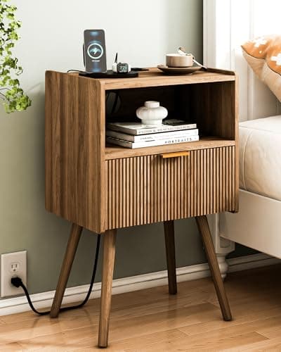 JOONEE Nightstand with Outlet,Modern Bedside Table with Storage Drawer and Open Wood Shelf, for Living Room, Bedroom and Small Spaces, Accent Night Stand with Solid Wood Legs, Easy Assembly,Brown - Image 1