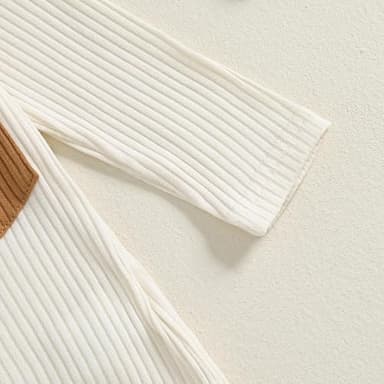 fhutpw Baby Boy Clothes 3 6 12 18 Months Ribbed Knitted Long Sleeve Romper and Pants Sets Newborn Fall Splicing Color Outfits (White&Khaki, 0-3 Months) - Image 5