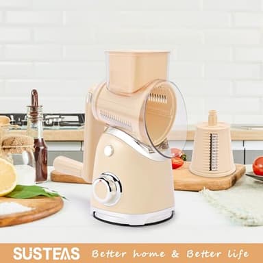 SUSTEAS Rotary Cheese Grater with Handle, Vegetable Slicer, 6 Interchangeable Blades, Reinforced Suction, Easy to Clean, Kitchen Shredder for Crushed Ice, Fruits, Nuts with Blade Storage Case, Beige - Image 2