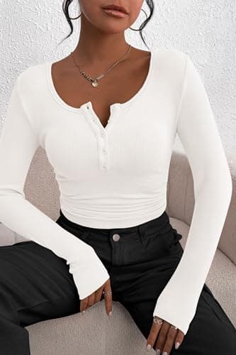 PRETTYGARDEN Women's 2025 Fall Long Sleeve Henley T Shirts Button Ribbed Knit Slim Fit Basic Tops Blouse Casual Outfits (White,Medium) - Image 7
