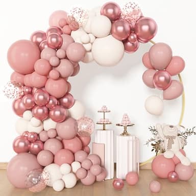 Amandir 153pcs Dusty Pink Balloon Garland Arch Kit, Different Sizes 18 12 10 5 inch Pink White Sand Metallic Confetti Pink Balloons for Girl Baby Shower Birthday Boho Party Decorations - Image 1