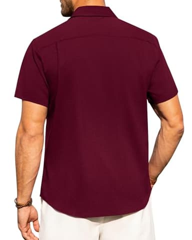 Alimens & Gentle Mens Linen Shirts Short Sleeve Button Down Shirts Wrinkle Free Casual Vacation Beach Summer Tops,Burgundy,L - Image 4