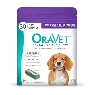 ORAVET Dental Chews for Dogs, Oral Care and Hygiene Chews (Medium Dogs, 25-50 lbs.) Purple Pouch, 30 Count - Image 1