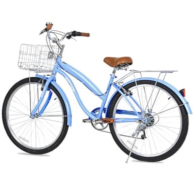 WEIZE Beach Cruiser Bike, 26 inch Commuter Bicycle for Adult Men and Women, 7-Speed/High-Carbon Steel/Front & Rear Fenders, Comfortable City Bikes with Rear Rack&Basket, Ergonomic Upright Design, Blue - Image 7