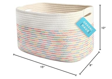 OrganiHaus Woven Storage Baskets for Organizing, Cotton Rope Organizer Bins for Shelves, Closet & Nursery, Dog Toy Basket, Decorative Bins for Toys, Towels & Books - 15x10x9, Rainbow Stitches - Image 3