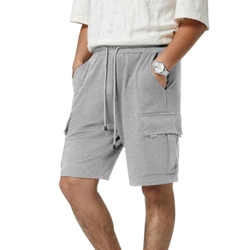 3rd hill Mens Casual Sweat Cargo Cotton Shorts Drawstring Elastic Waist Athletic Workout Gym Jogger Shorts with 5 Pockets Light Gray - Image 1