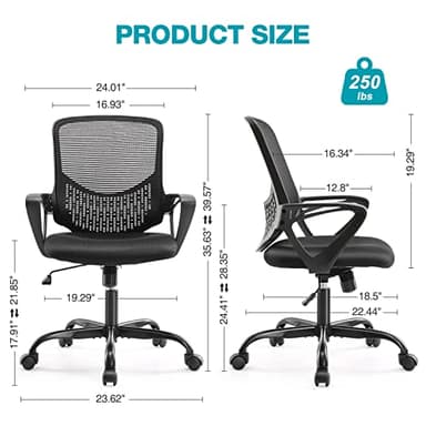 Desk Computer Chair with Wheels Ergonomic Home Office Chair with Lumbar Support and Fixed Armrests, Mid Back Mesh Chair Rolling Swivel Chair，Black - Image 3