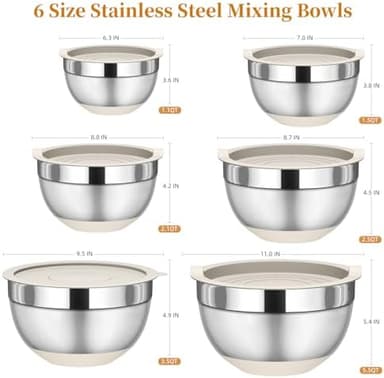 Mixing Bowls with Lids Set, 6 Piece Stainless Steel Nesting Storage Bowls for Kitchen, with 3 Grater Attachments & Non-Slip Bottoms, Size 5.5,3.5,2.5,2.1,1.5,1.1 QT - Image 4