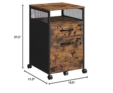 VASAGLE File Cabinet, Mobile Filing Cabinet on Wheels, for Home Office, 2 Lockable Drawers, for A4, Letter-Size Hanging File Folders, Open Shelf, Steel Frame, Rustic Brown and Ink Black UOFC077B01 - Image 3