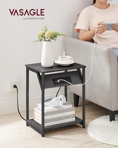 VASAGLE End Table with Charging Station, Set of 2, Small Side Tables for Living Room, Bedroom, Nightstand with Outlets and USB Ports, Bedside Table with Storage Shelf, Misty Gray and Black - Image 2