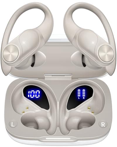 PocBuds Bluetooth Headphones Wireless Earbuds 80hrs Playtime Wireless Charging Case Digital Display Sport Ear Buds with Earhook Deep Bass IPX7 Waterproof Over-Ear Earphones for Phone Laptop Beige - Image 1