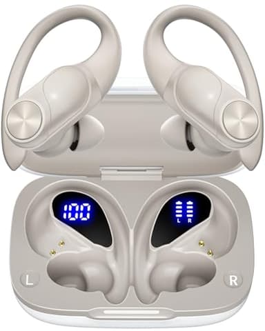 PocBuds Bluetooth Headphones Wireless Earbuds 80hrs Playtime Wireless Charging Case Digital Display Sport Ear Buds with Earhook Deep Bass IPX7 Waterproof Over-Ear Earphones for Phone Laptop Beige - Image 1