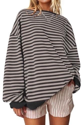 UEU Women's Striped Oversized Color Block Crewneck Long Sleeve Fashion Trendy Sweatshirt Gray X-Large - Image 1