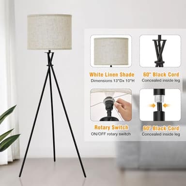 Tripod Floor Lamp Black, 61” Tall Floor Lamps, Standing Lamp with Rotary Switch, Modern Floor Lamp Simple Design with Beige Shade, Floor Lamps for Living Room, Bedroom, Office, Without Bulb - Image 5