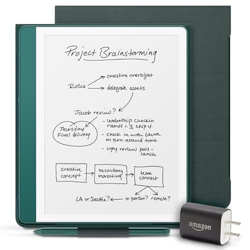 New Amazon Kindle Scribe Essentials Bundle including New Kindle Scribe (64GB) - Metallic Jade, Premium Pen, Premium Leather Folio-Dark Emerald, and Power Adapter