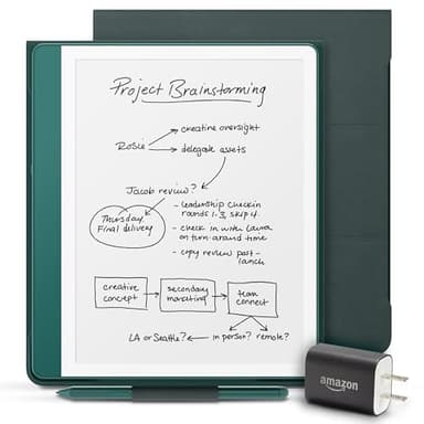 New Amazon Kindle Scribe Essentials Bundle including New Kindle Scribe (64GB) - Metallic Jade, Premium Pen, Premium Leather Folio-Dark Emerald, and Power Adapter
