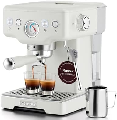 Neretva Espresso Machine, 15 Bar Espresso Coffee Machine with Visible Pressure Guage Professional Espresso Maker with Milk Frother & Stainless Steel for Home Barista Latte and Cappuccino Maker - White - Image 2