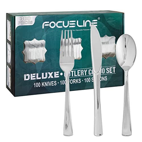 FOCUSLINE 300 Pack Silver Plastic Cutlery Set - 100 Forks, 100 Knives, 100 Spoons - Disposable Flatware Heavy Duty Plastic Silverware Set for Catering, Parties, Dinners, Weddings - Image 1
