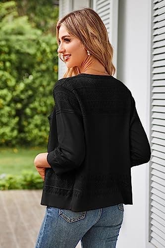 GRACE KARIN Women's Cropped Cardigan 3/4 Sleeve Lightweight Crochet Shrug Hollowed-Out Knit Sweater Tops Black L - Image 3