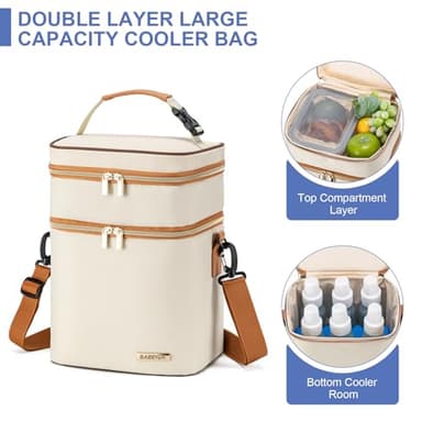 BABEYER Breastmilk Cooler Bag with Ice Pack Fits 6 Baby Bottles Up to 9 Ounce, Double Deck Leak-Proof Baby Bottles Bag with Shoulder Strap for Nursing & Working Mom, Cream - Image 2