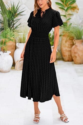 PRETTYGARDEN Womens Summer Midi Dresses Puff Short Sleeve V Neck Swiss Dot Pleated A Line Flowy Long Wedding Guest Dress (Black,Large) - Image 5