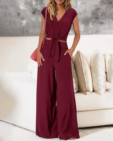 PRETTYGARDEN Women's Summer 2 Piece Outfits 2025 Cap Sleeve V Neck Belted Crop Tops Wide Leg Pant Sets Casual Tracksuit(Solid Dark Wine Red,Medium) - Image 3