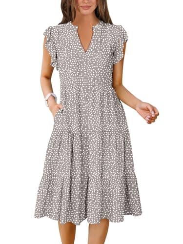 ANRABESS Womens Summer Ruffle Sleeve V Neck Floral Print Midi Dress 2025 Fashion Casual Fit Flowy Tiered Boho Beach Vacation Sundress Khaki Polka Dot-M - Image 1
