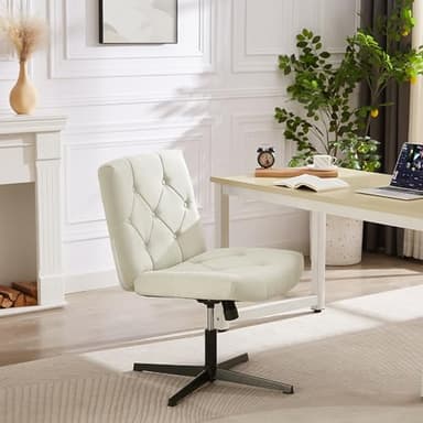 VECELO Modern Armless Criss Cross Chair No Wheels with Comfy Wide Fabric Padded Seat & Back, Swivel & Height Adjustable for Home/Bedroom/Make Up, Beige - Image 3