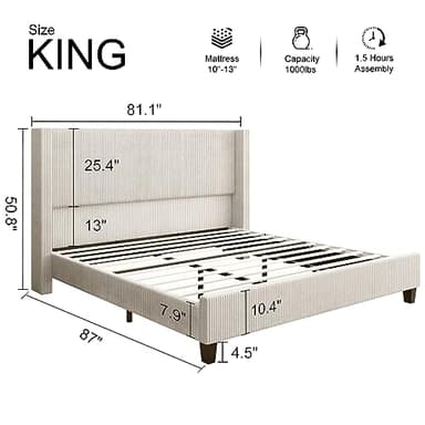 HOWE King Size Upholstered Platform Bed Frame, Wingback Bed with 50.8" Headboard, Corduroy/Solid Wood Leg/No Box Spring Needed/Noise Free/Cream - Image 2