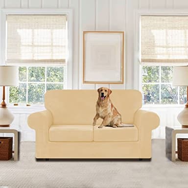 WEERRW Velvet Couch Covers for 2 Cushion Couch Sofa - High Stretch Luxury Velvet Plush 3 Pieces Sofa Slipcovers with Elastic Bottom, Furniture Protector for Pets, Machine Washable, Champagne, Medium - Image 2