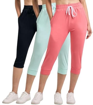 Real Essentials 3-Pack: Women's Ultra Soft Lounge Capri Joggers Sweatpants Athletic Yoga with Pockets(Available in Plus Size) - Set 5, S - Image 1