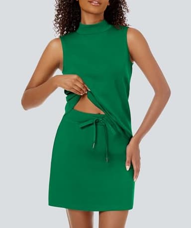 Casly Lamiit Womens 2 Piece Skirt Set Summer Tracksuits Tennis Skorts Sweat Athletic Outfits Sports Mock Neck Tank Top Sweatsuits Green L - Image 4