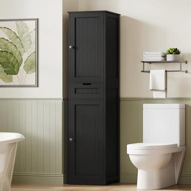 TEENFON 67" H Tall Storage Cabinet with 2 Doors and 1 Drawer, Narrow Black Cabinet with Adjustable Shelves, for Bathroom, Living Room, Entryway, Kitchen, Black - Image 5