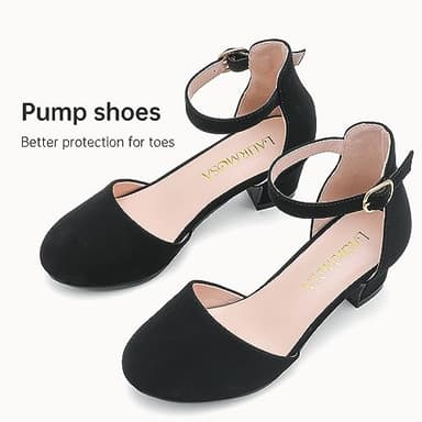 LAURMOSA Black Dress Shoes for Girls Chunky Block Heels for Little Big Kids Princess Flower Girl Shoes for Wedding Party Closed Round Toe Pumps with Ankle Strap(L1012 Black 5) - Image 7