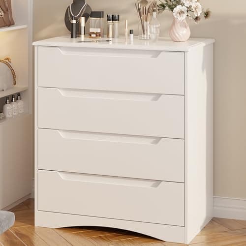 Gizoon 4 Drawer Dresser for Bedroom, Sturdy White Chest of Drawers with Anti-Tip Device, Modern Large Capacity Storage Furniture for Closet, Embedded Handles, Space-Saving Design, Wooden Finish, White - Image 1